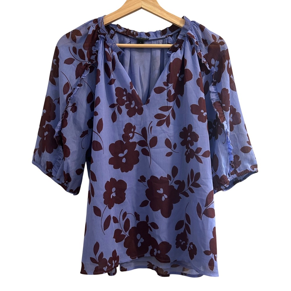 Ann Taylor Blueâ Floral Ruffle Trim V-Neck Peasant Blouse 3/4 Sleeve Small